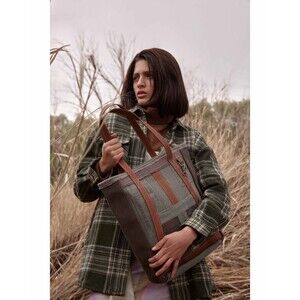 Myra Bag Handmade Hamilton Tote Bag Upcycled Canvas & Cowhide Leather